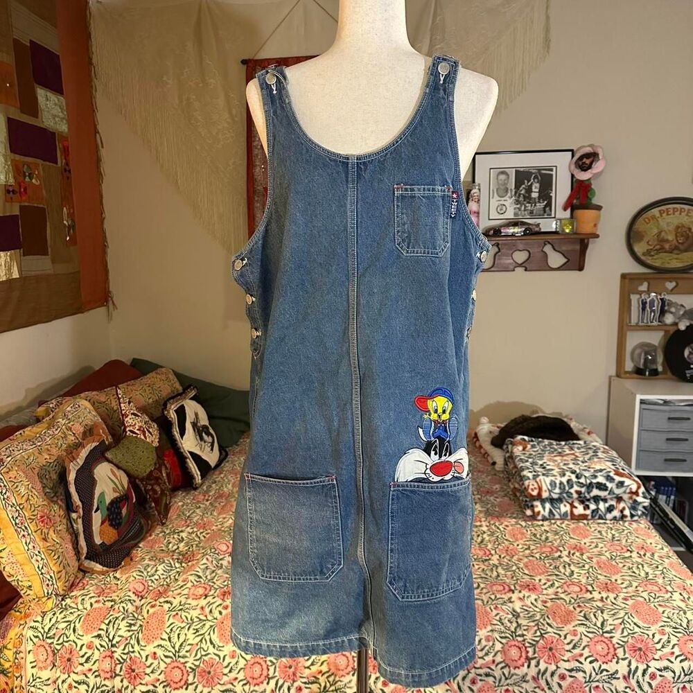 Vintage 90s Warner Brothers Kidcore Looney Tunes Tweety Denim Overall Dress